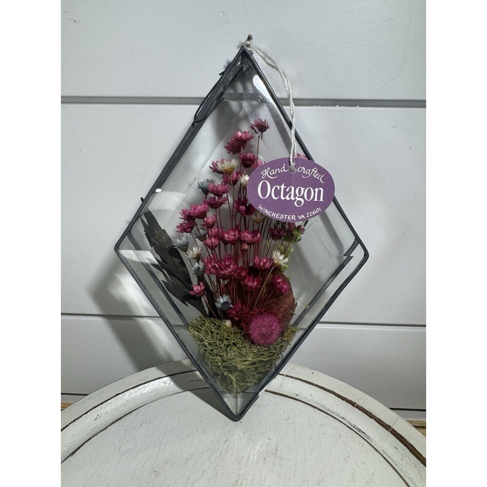 Vintage Leaded Glass Sun Catcher Window Dried Flowers Cottagecore Poland Diamond